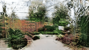 This image is created by an A.I platform, Playform, by combining the colours from a photo of a garden with the outlines from a living room photo.