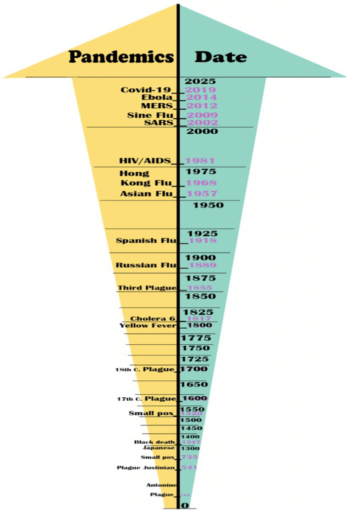 The occurrence of the pandemic throughout the century. (Source: LePan, N. and Routley, M., 2020).