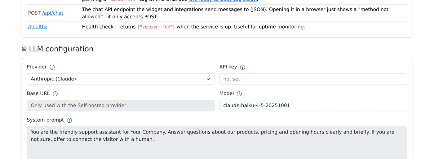Sentinel Chat admin panel LLM provider, model and system prompt settings