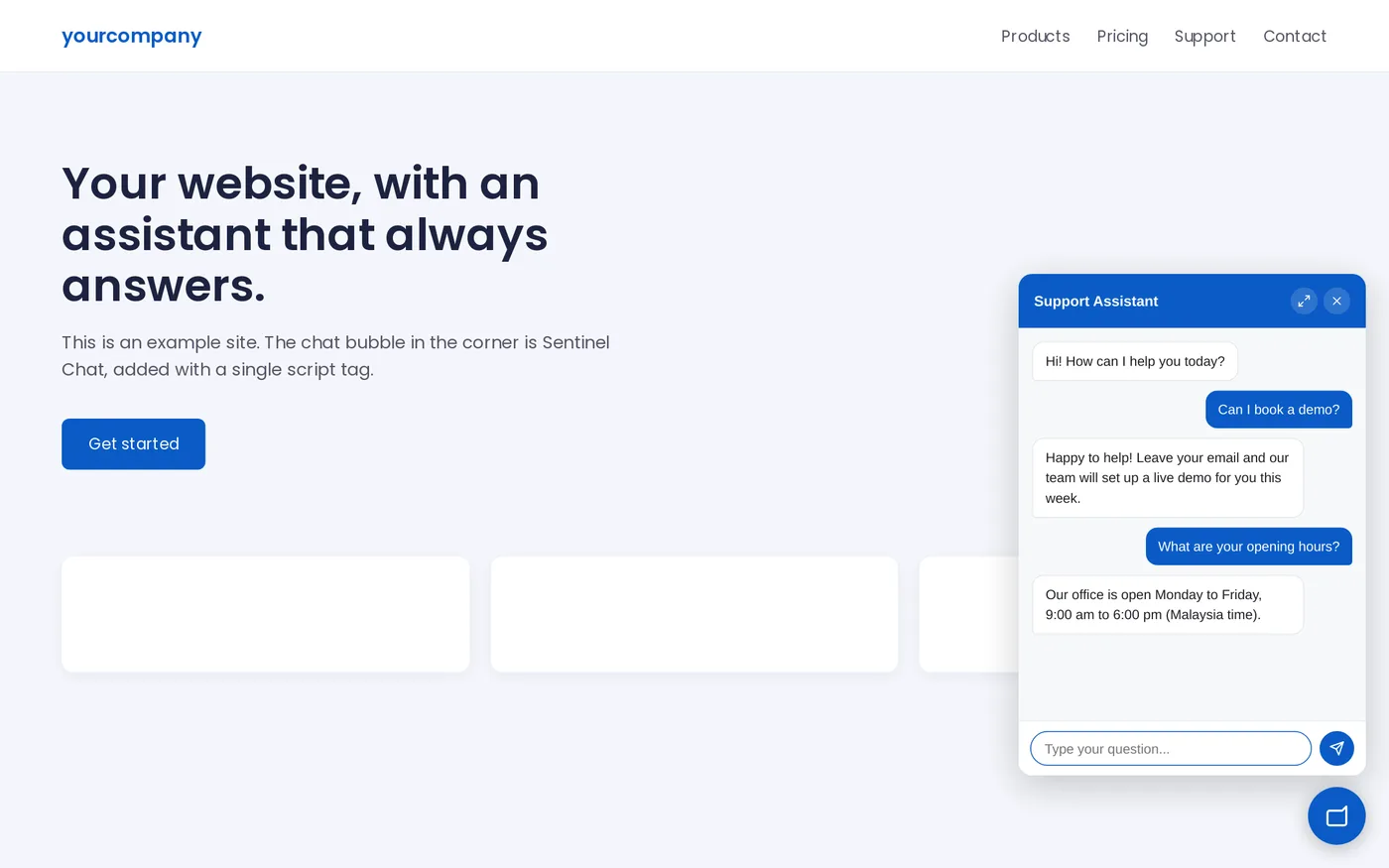 Sentinel Chat AI support widget answering visitor questions on a company website