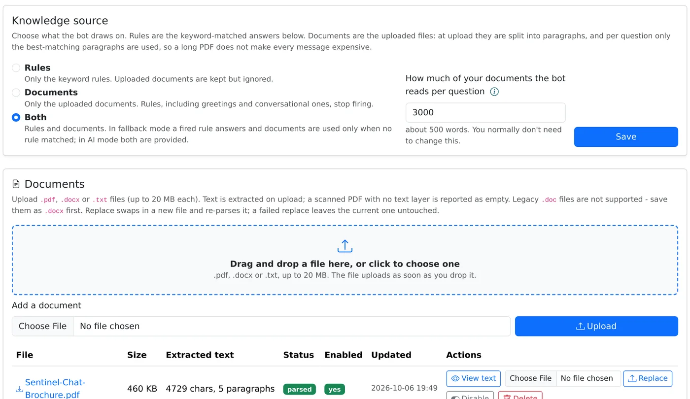 Sentinel Chat knowledge source settings and uploaded PDF documents