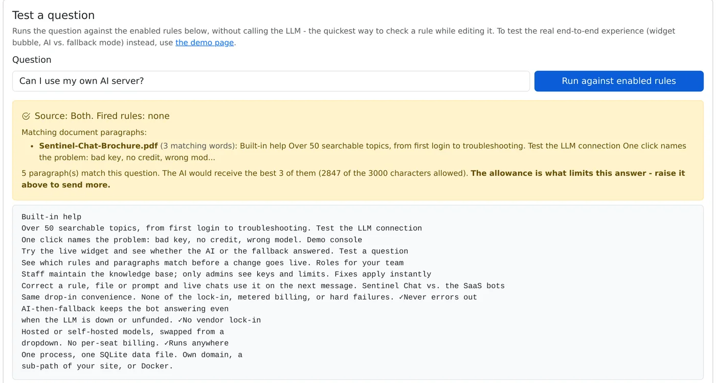 Sentinel Chat test a question: matching paragraphs from an uploaded PDF