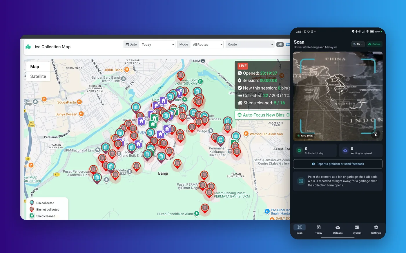 DATSINI solution engineering: SmartBin live collection map and collector app
