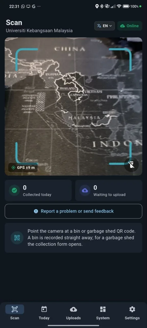 SmartBin collector app scanning a bin QR code with GPS accuracy