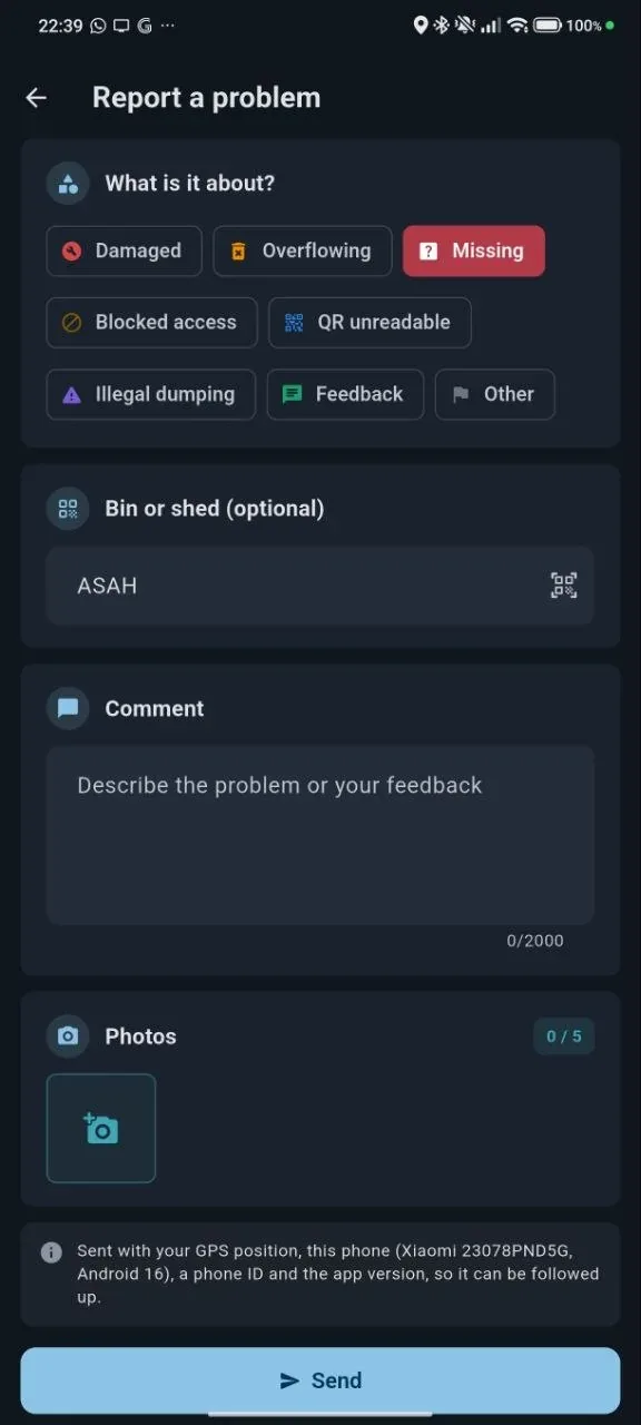 SmartBin app reporting a damaged or overflowing bin with photos
