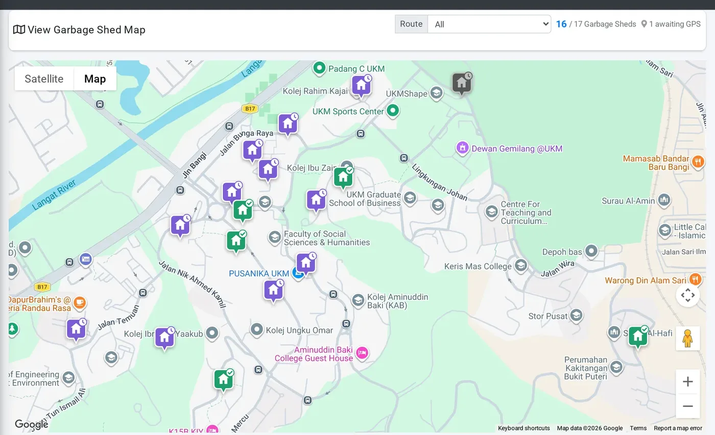 SmartBin garbage shed map showing sheds cleaned and not cleaned