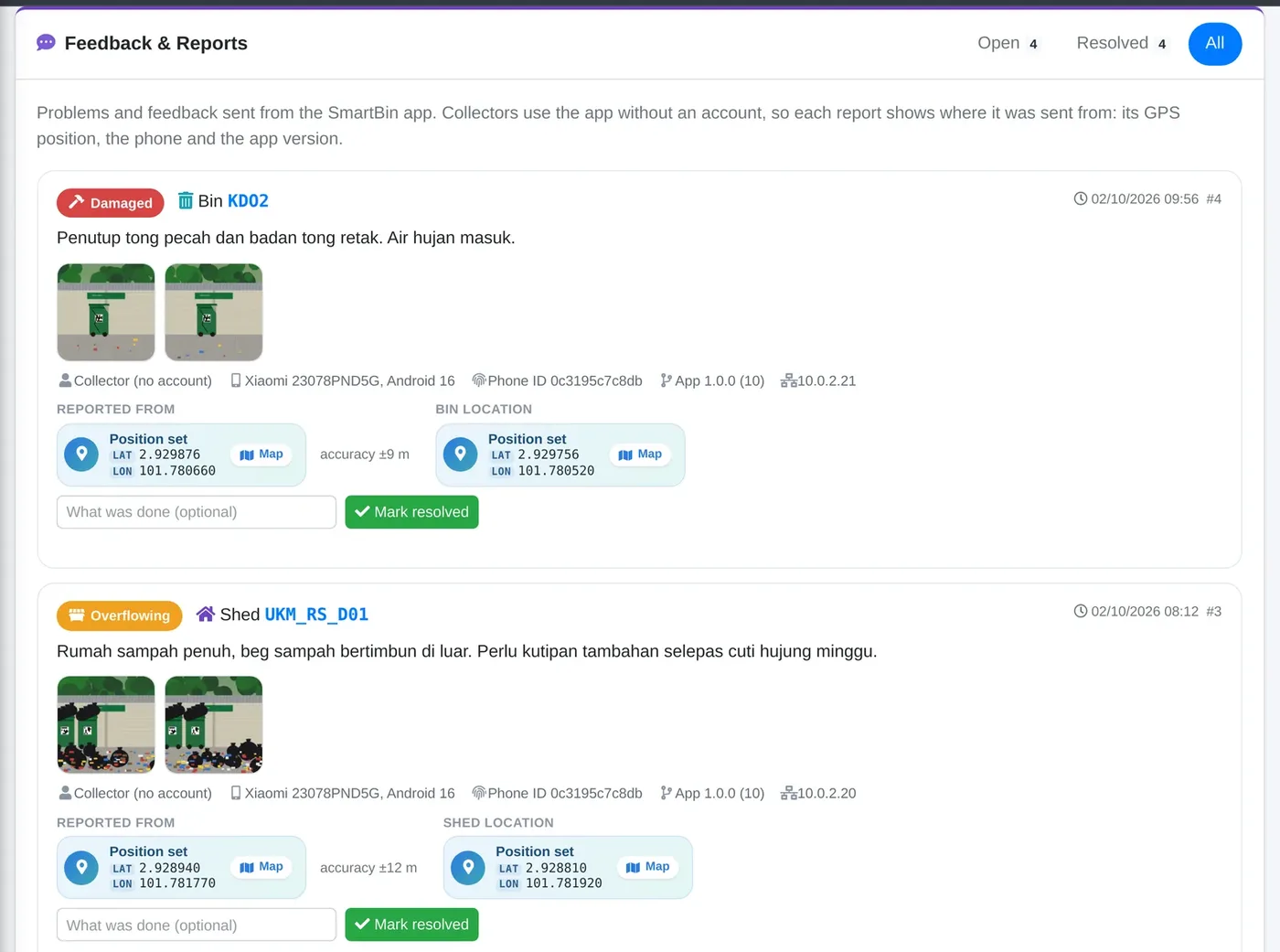 SmartBin issue reports desk with photos and positions of problems from the field
