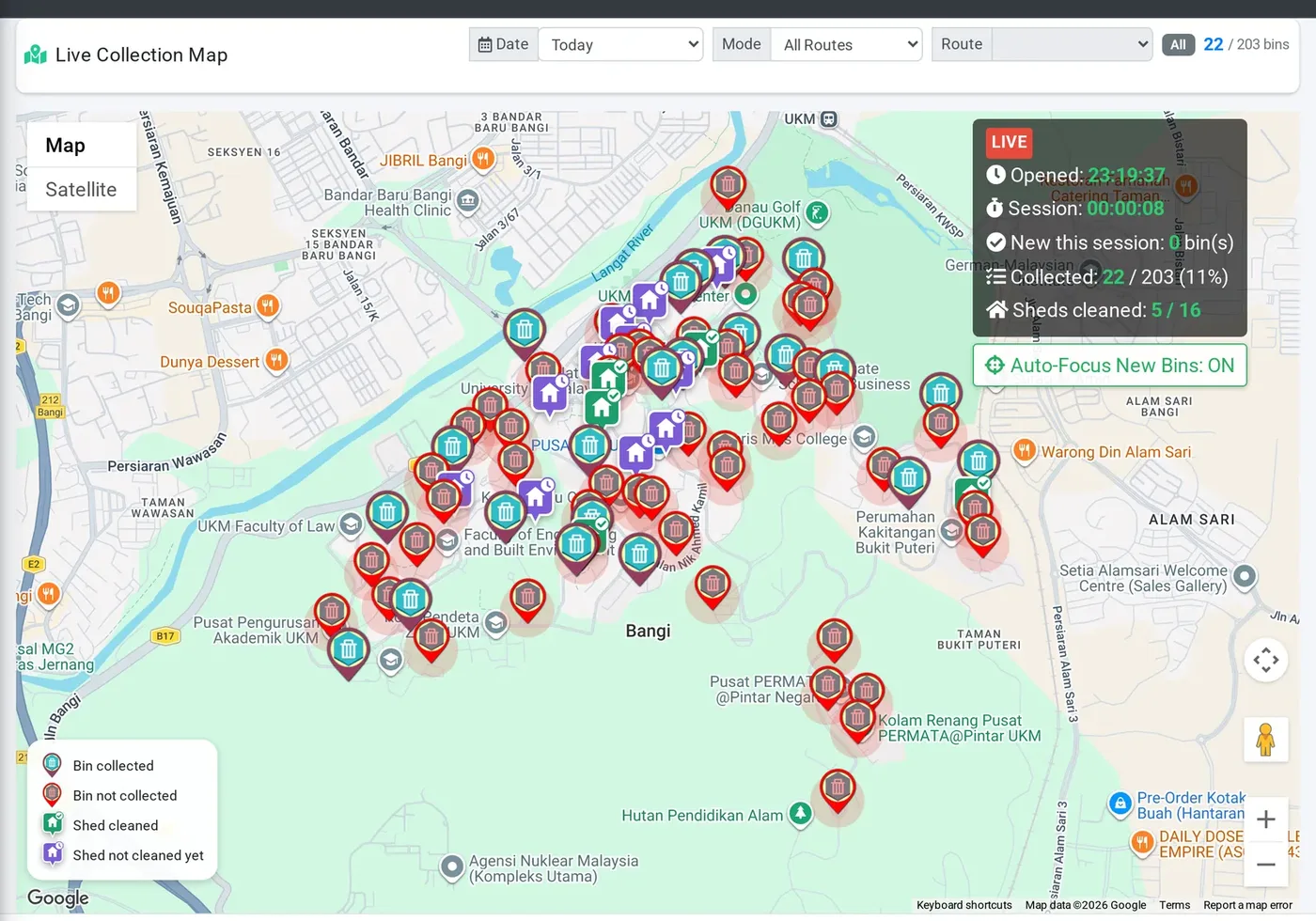 SmartBin live collection map showing collected and uncollected bins and garbage sheds