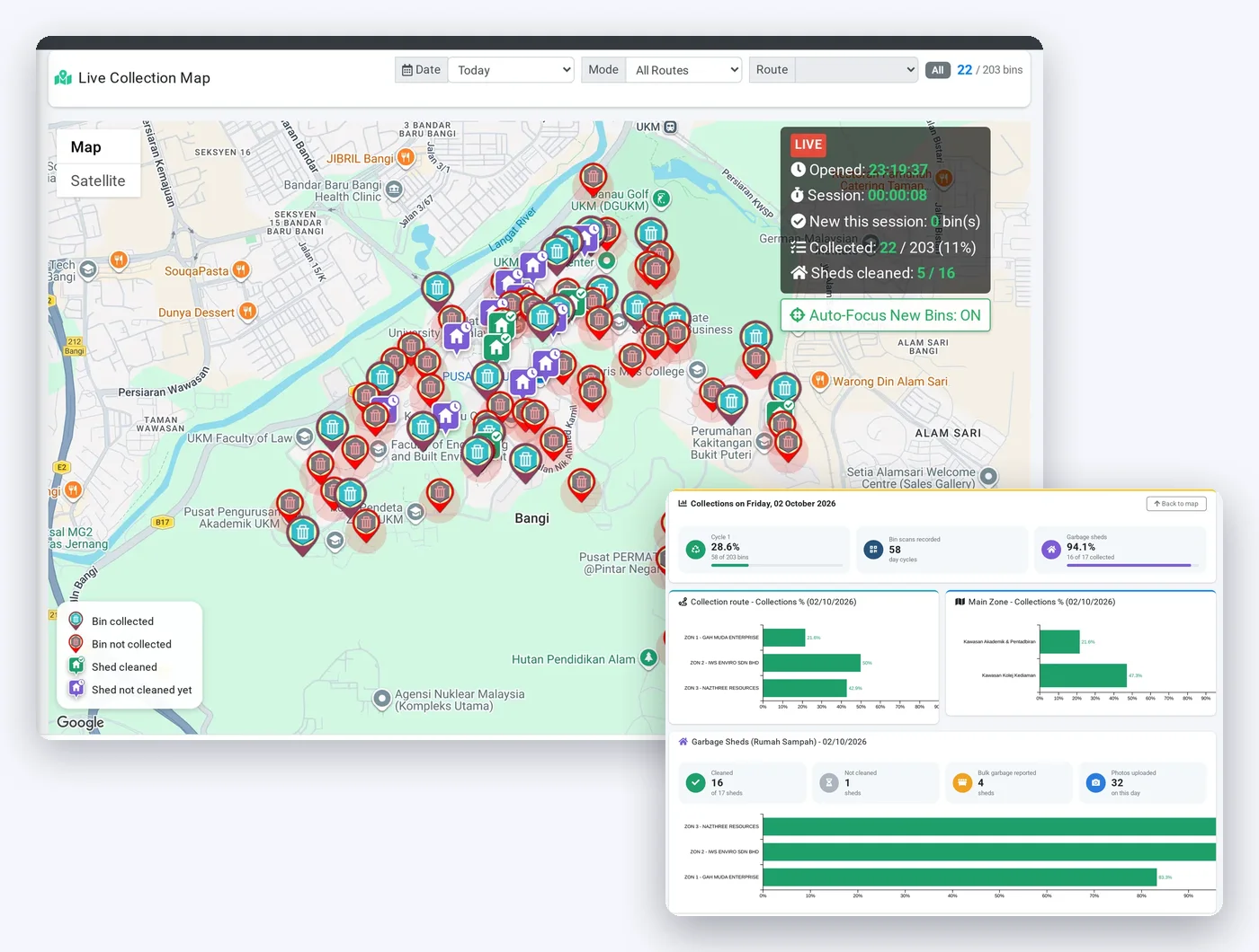 SmartBin live collection map with the day report of collection by route and zone